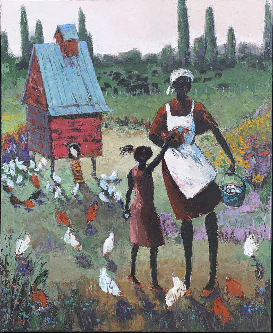A Woman and Child Feeding Chickens by Arlene La Dell Hayes
