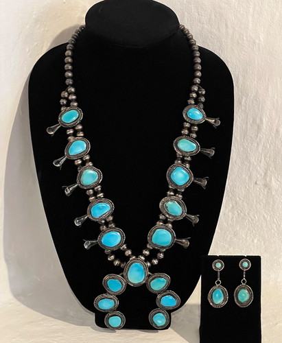 Vintage Turquoise Squash Blossom Necklace and Earrings