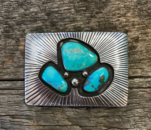 Heavy Silver Buckle with 3 Large Turquoise